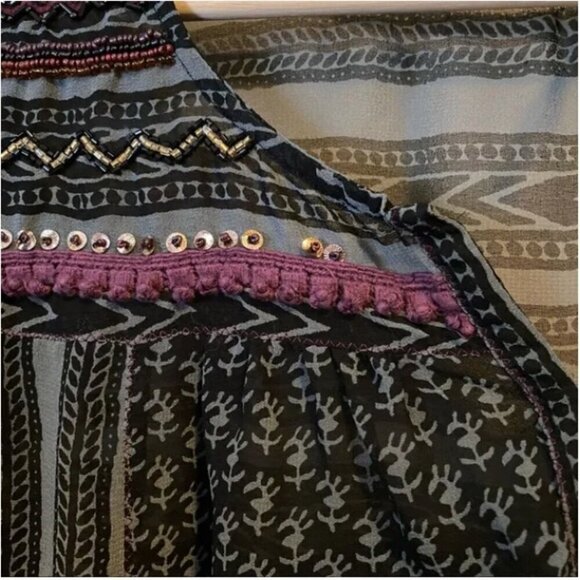 FREE PEOPLE Feather in the Wind Grey Black Sheer Long Sleeve Boho Blouse Beads S - Picture 12 of 13